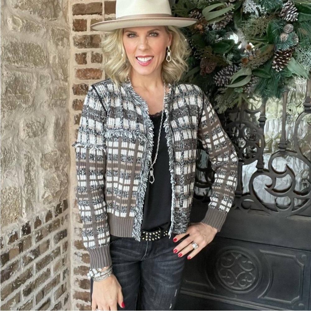 Cabi Classic Cardigan #4097 Gray Brown White M